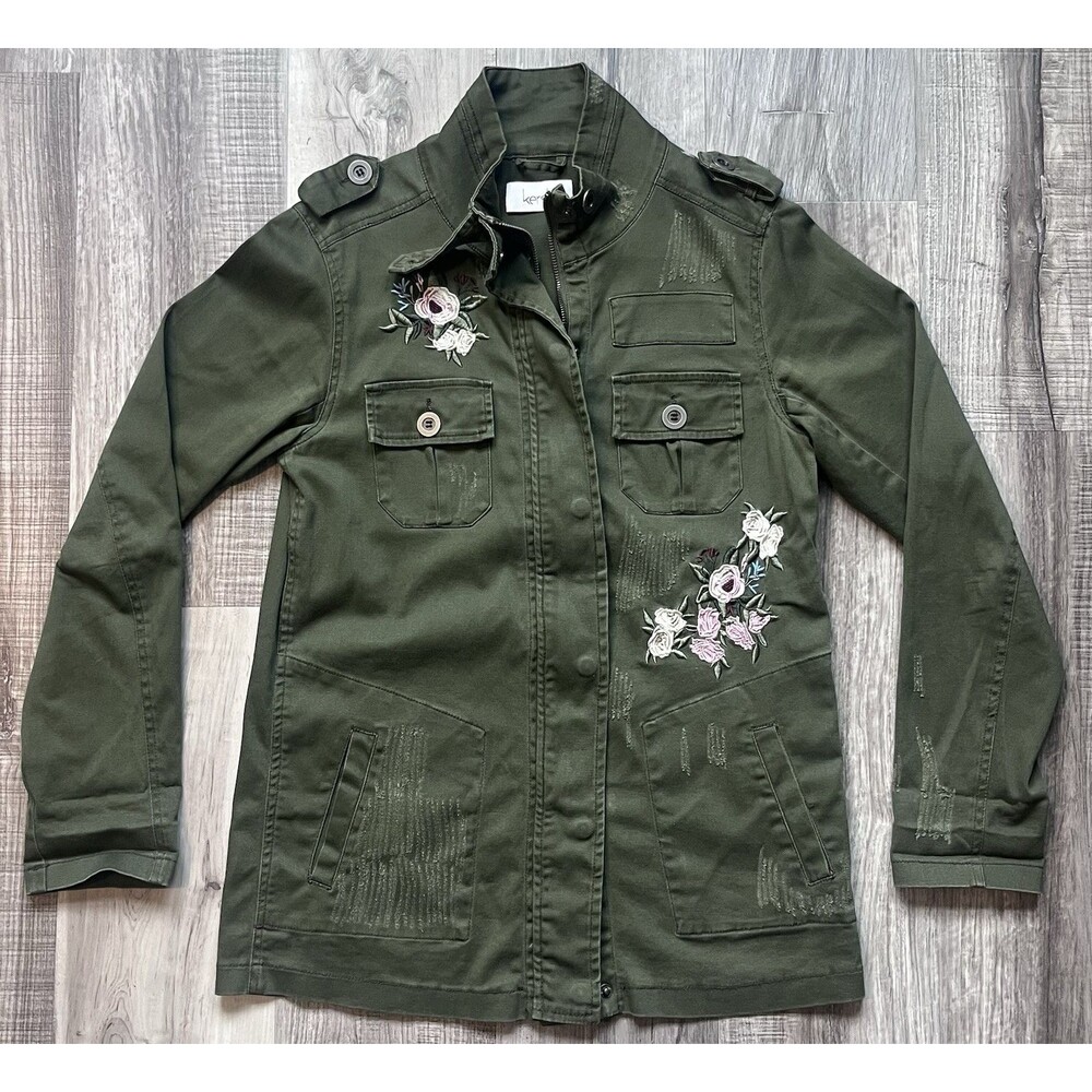 Kersh Utility Jacket Womens SM Olive Green Embroidered Floral Military Boho Y2K